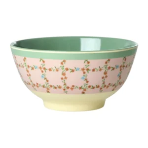  - קערת מלמין מצויירת – פרחים במשבצות רקע ורוד רך